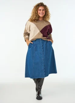 A-Linien-Jeansrock mit gewellter Knopfleiste