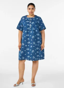 A-Linien-Kleid aus Denim mit Blumenmuster