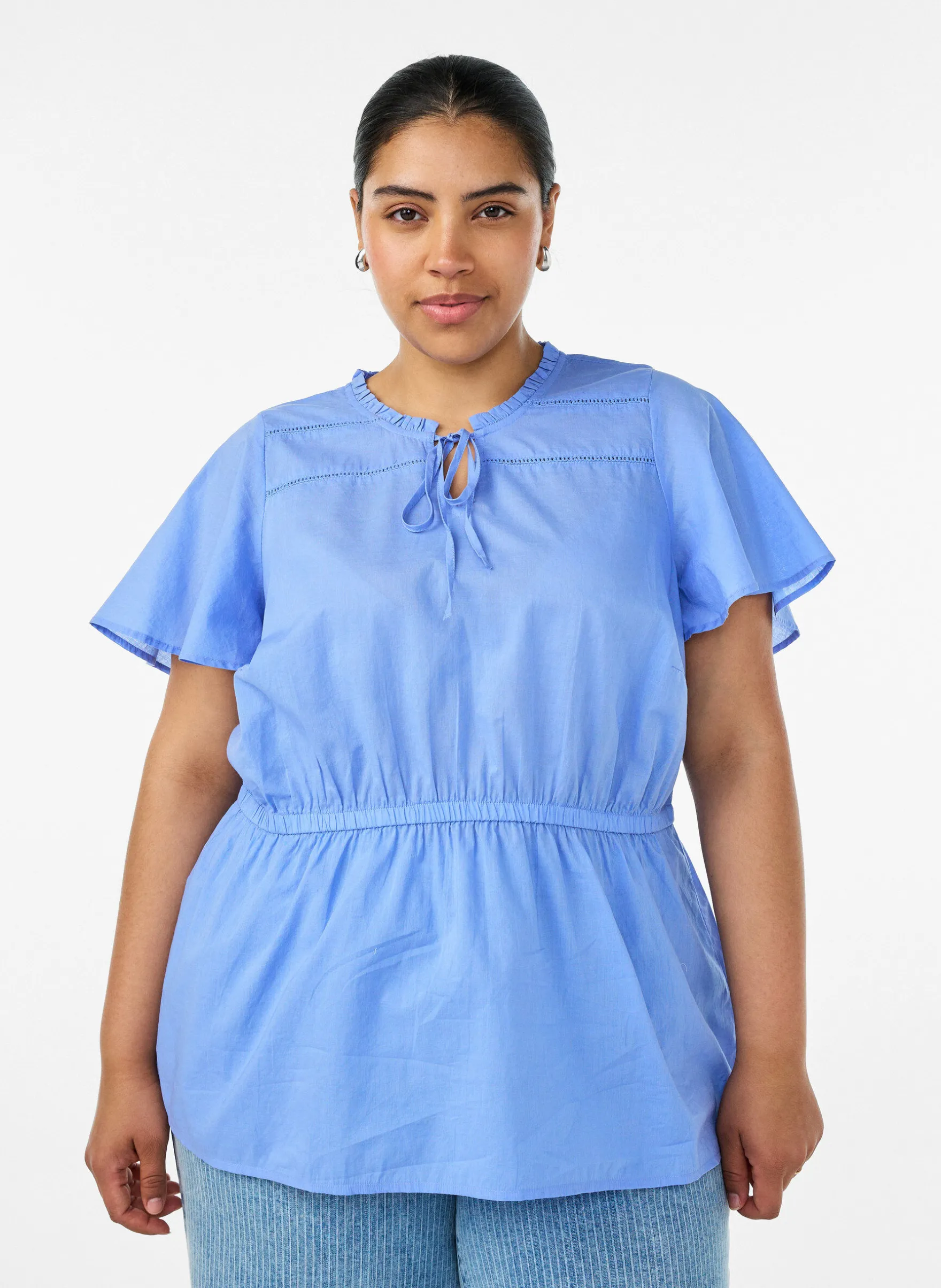 Baumwollbluse mit Bindeband und elastischer Taille