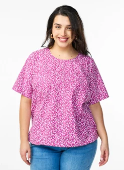 Baumwoll-Bluse mit Print und kurzen Ärmeln