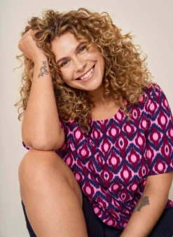 Baumwoll-Bluse mit Print und kurzen Ärmeln