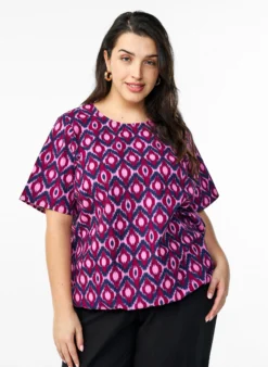 Baumwoll-Bluse mit Print und kurzen Ärmeln