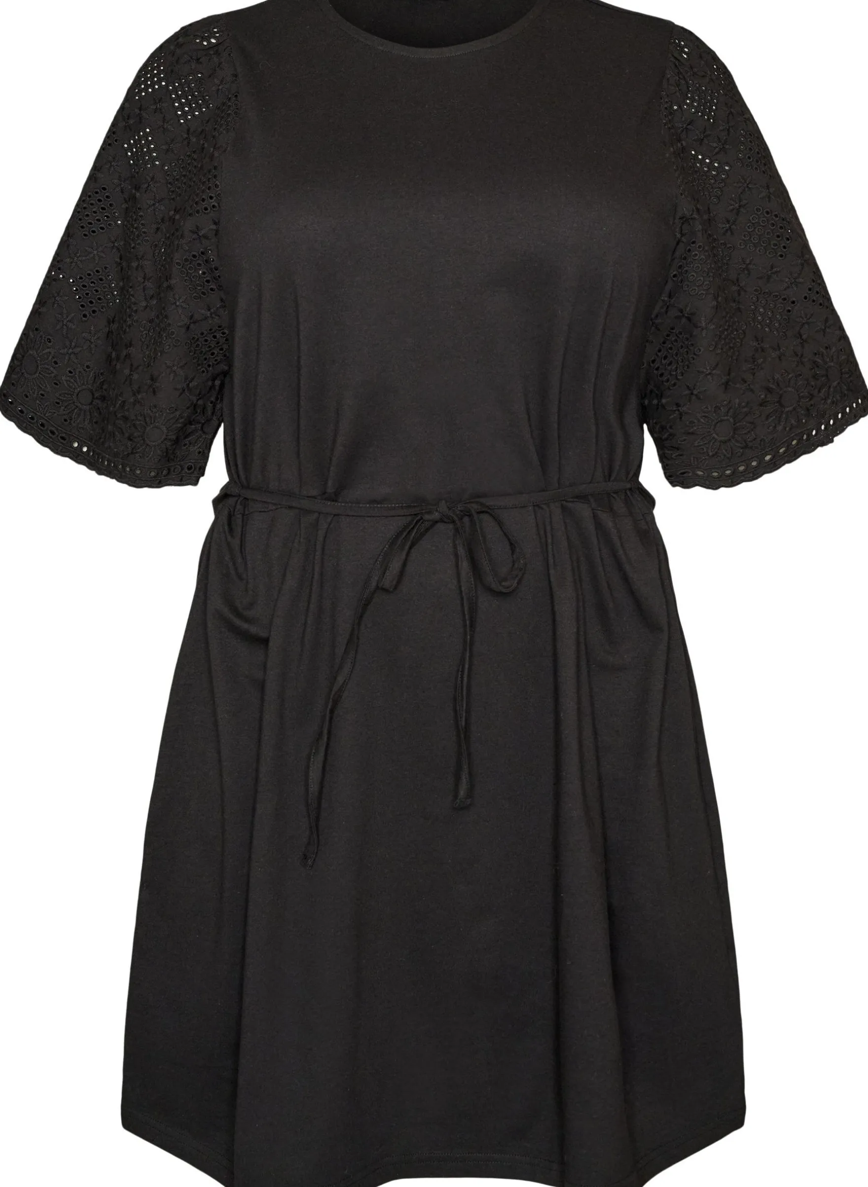 Baumwollkleid mit Broderie-Anglaise-Ärmeln und Bindegürtel