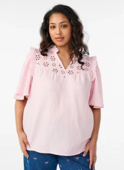 Bluse aus Baumwoll-Musselin mit Broderie Anglaise und 1/2-Ärmeln