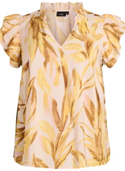 Bluse aus Viskose mit Blätterprint und Rüschendetails