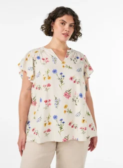 Bluse aus Viskose und Leinen mit Rüschenärmeln