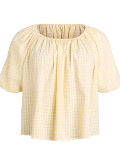 Bluse mit kleinem Karo, elastischem Ausschnitt und halblangen Ärmeln