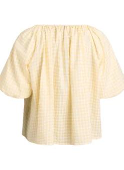 Bluse mit kleinem Karo, elastischem Ausschnitt und halblangen Ärmeln