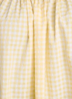 Bluse mit kleinem Karo, elastischem Ausschnitt und halblangen Ärmeln