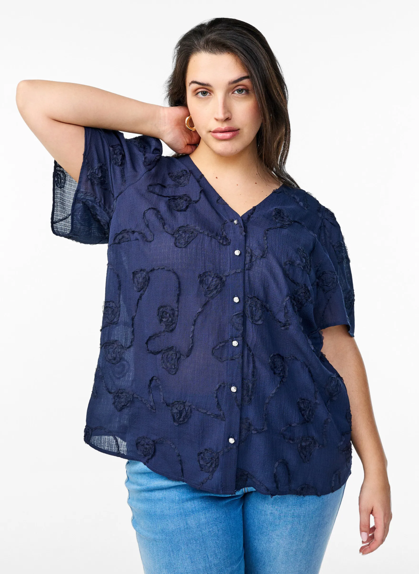 Bluse mit kurzen Ärmeln und 3D-Blütenmuster