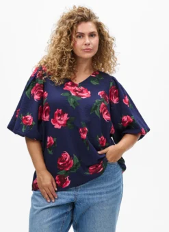 Bluse mit Rosenprint und kurzen Ballonärmeln