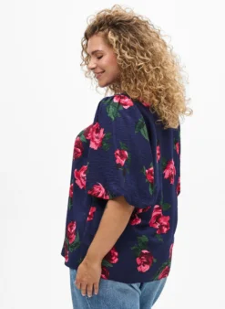 Bluse mit Rosenprint und kurzen Ballonärmeln