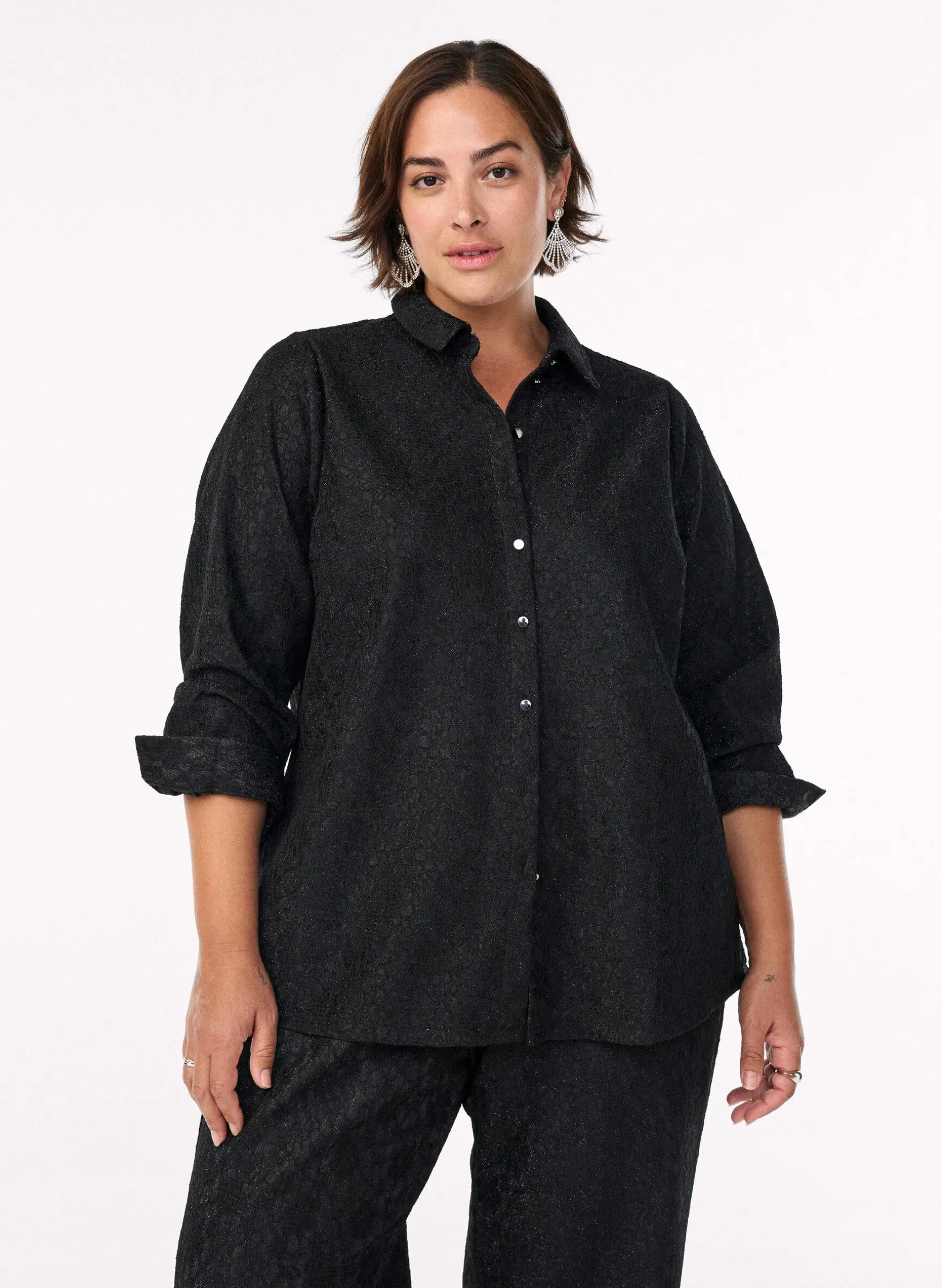 Bluse mit Spitzenbesatz und Glitzerfaden