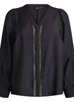 Bluse mit V-Ausschnitt und bestickten Bändern