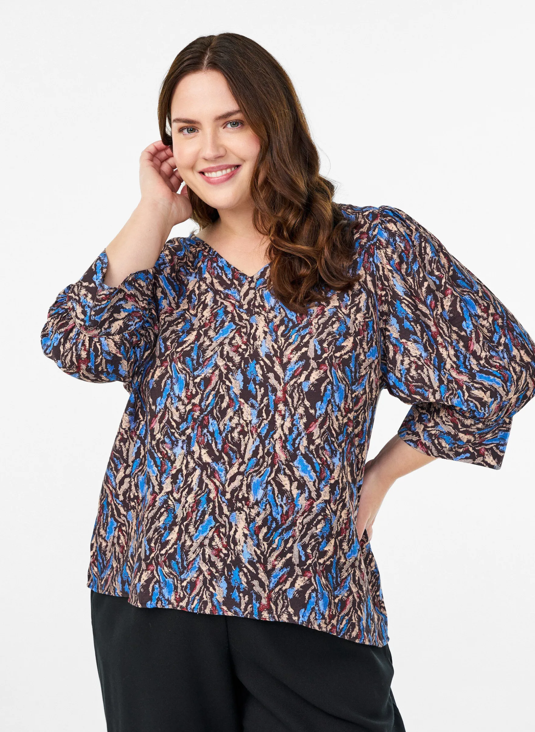 Bluse mit V-Ausschnitt und 3/4-Ärmeln