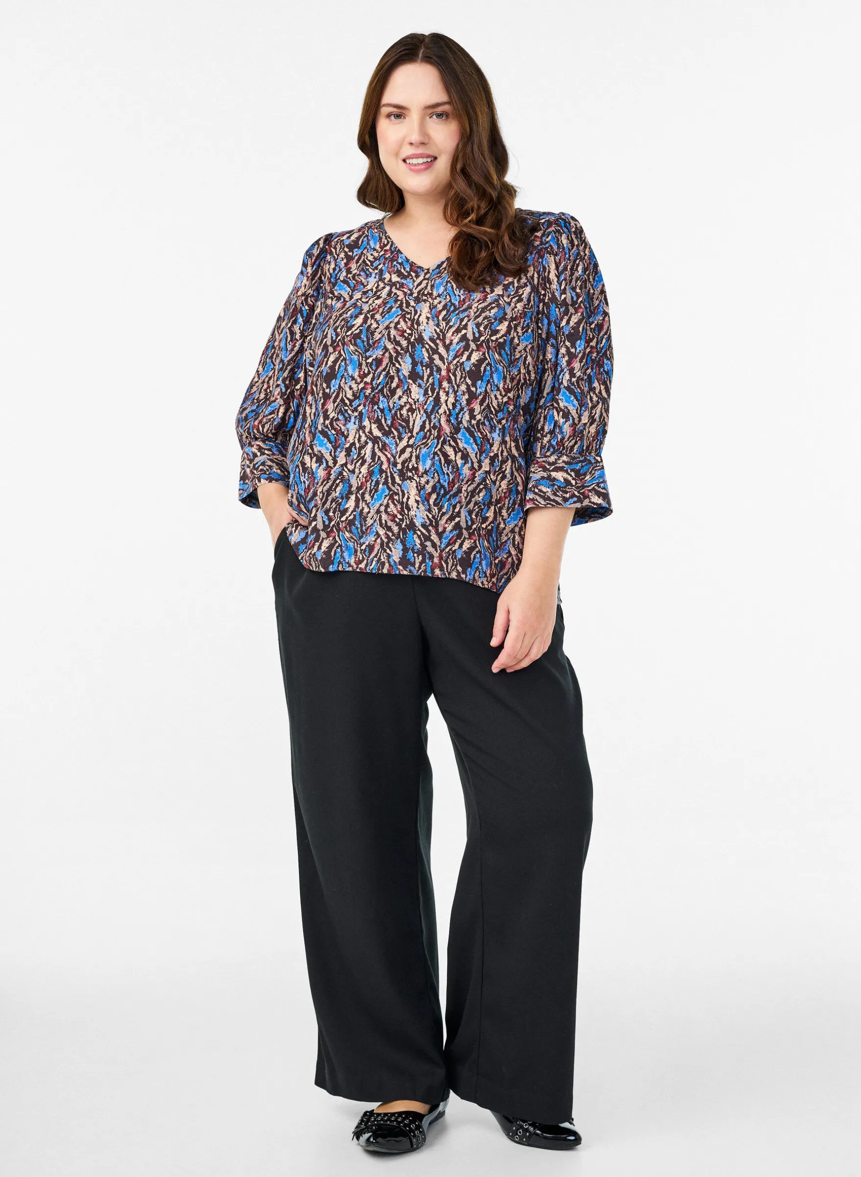 Bluse mit V-Ausschnitt und 3/4-Ärmeln