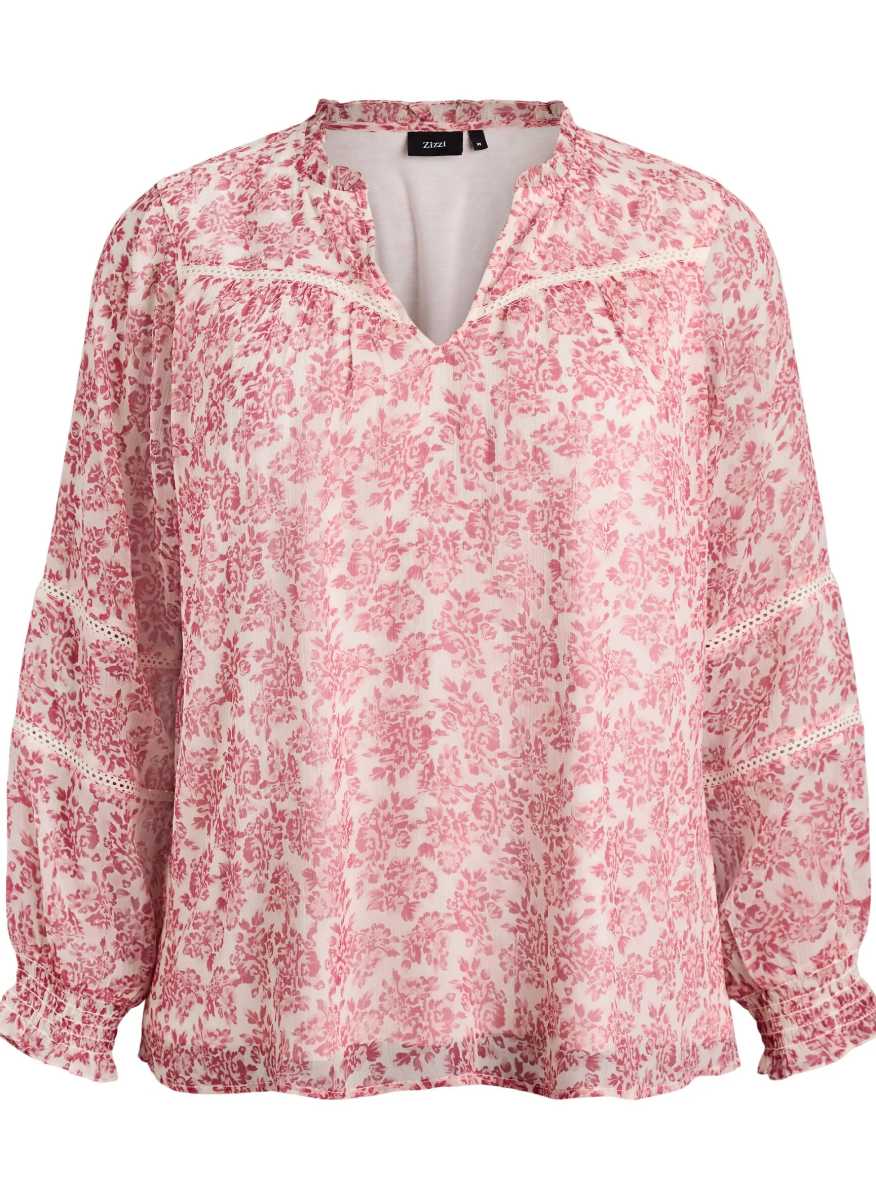 Chiffonbluse mit Blumenprint und Häkelborte
