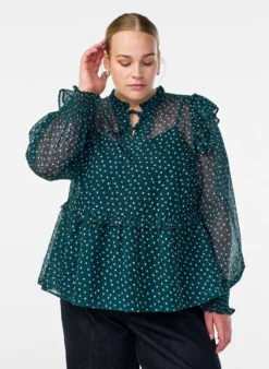 Chiffonbluse mit Rüschendetails und kleinen Punkten