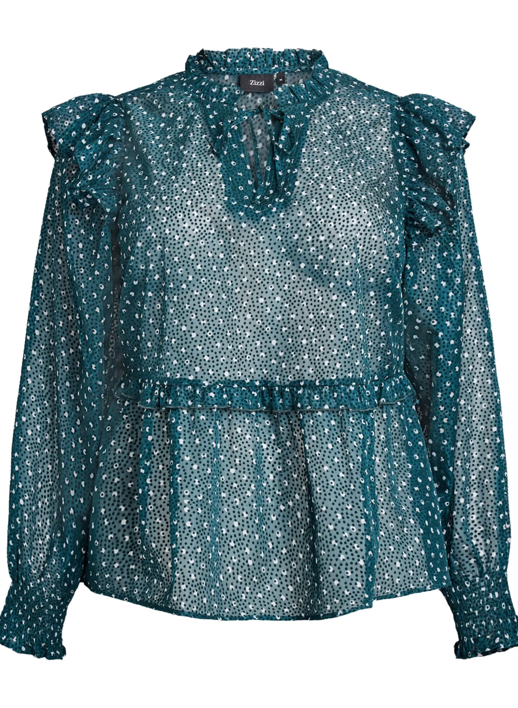 Chiffonbluse mit Rüschendetails und kleinen Punkten