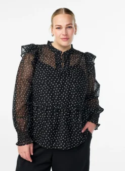 Chiffonbluse mit Rüschendetails und kleinen Punkten