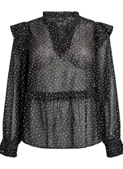 Chiffonbluse mit Rüschendetails und kleinen Punkten