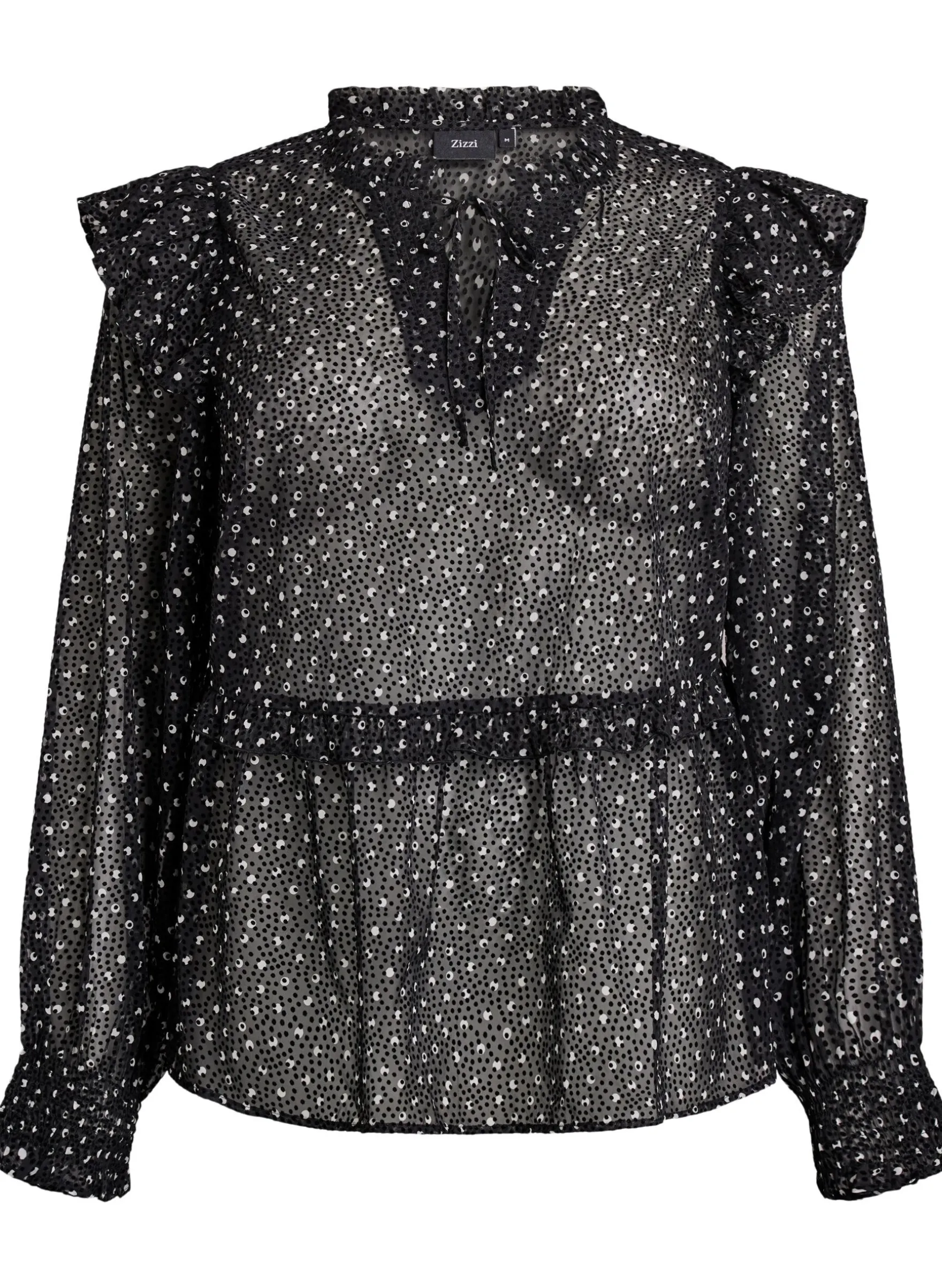 Chiffonbluse mit Rüschendetails und kleinen Punkten