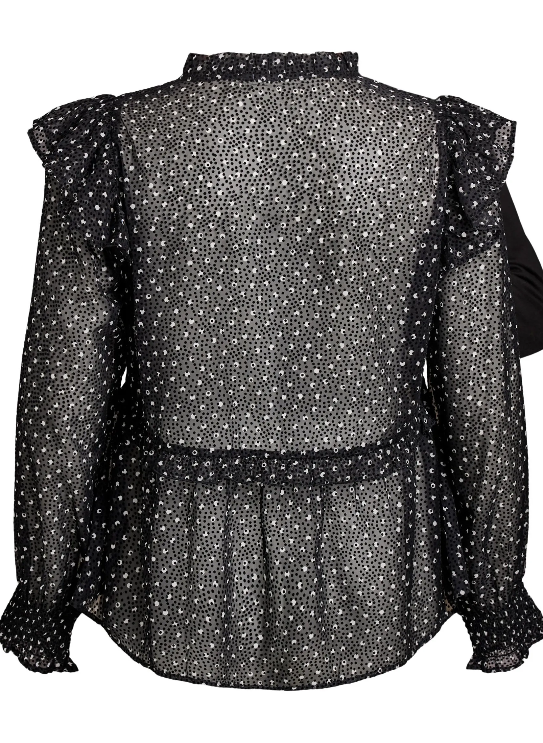 Chiffonbluse mit Rüschendetails und kleinen Punkten