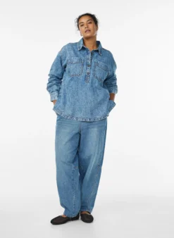 Denim-Hemd mit halber Knopfleiste und Brusttaschen