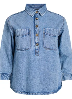 Denim-Hemd mit halber Knopfleiste und Brusttaschen