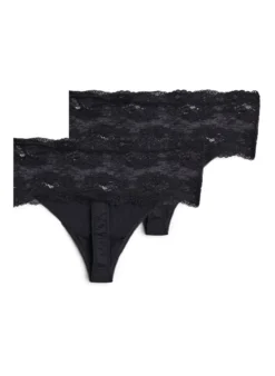 2er-Pack Tanga mit breitem Spitzenrand