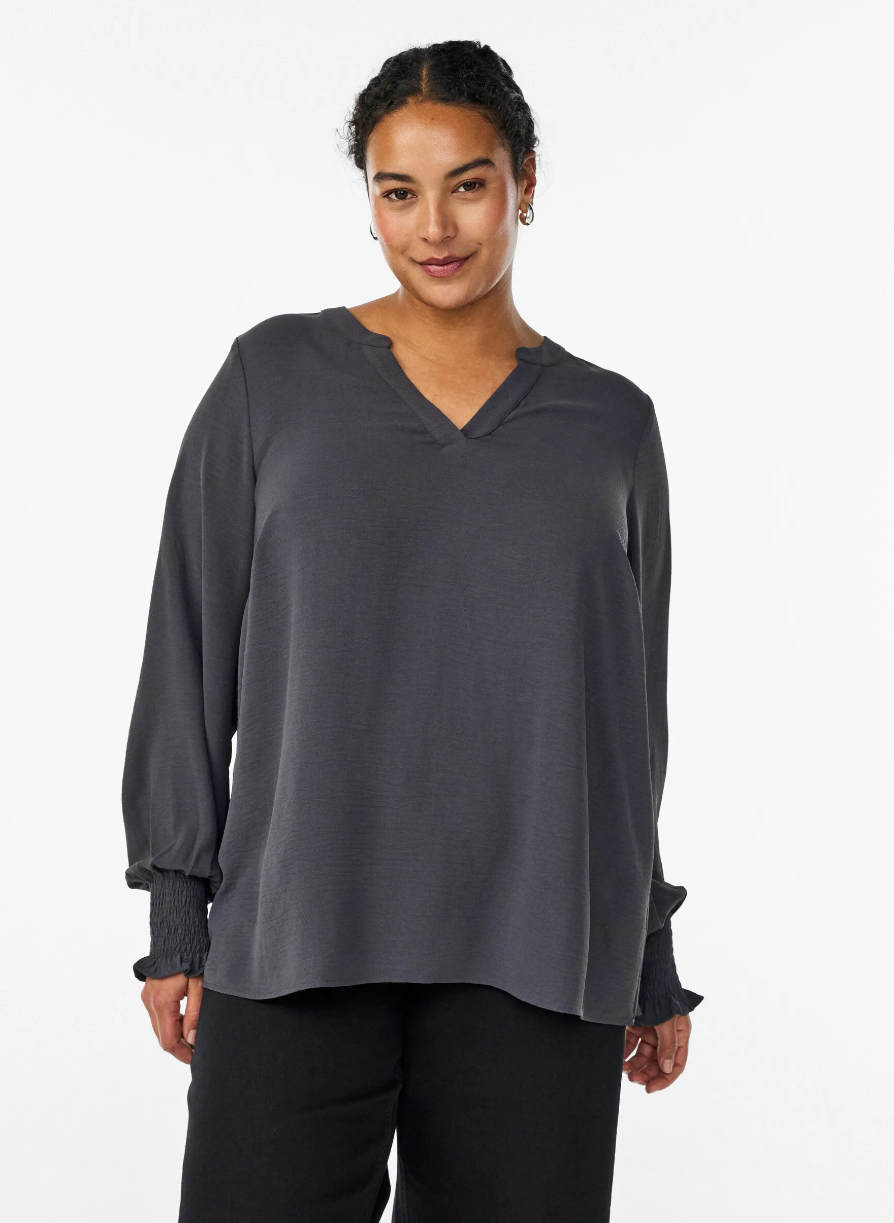 FLASH - Bluse mit Smockbündchen und V-Ausschnitt