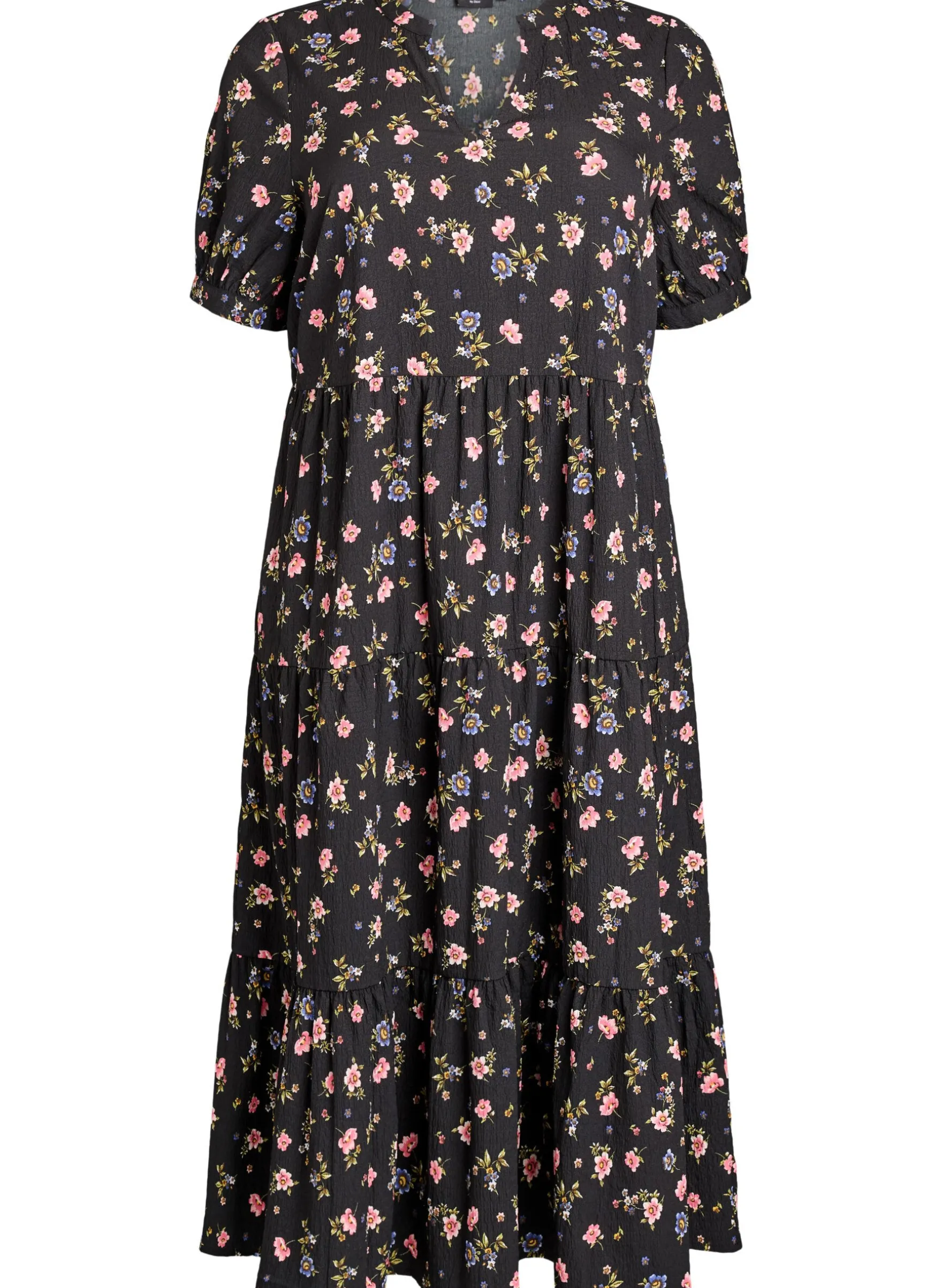 FLASH - Knöchellanges Kleid mit kurzen Ärmeln und gestuften Volants