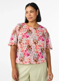 Geblümte Bluse mit kurzen Ärmeln und Smock-Details