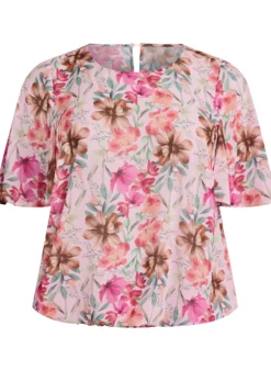 Geblümte Bluse mit kurzen Ärmeln und Smock-Details