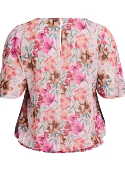 Geblümte Bluse mit kurzen Ärmeln und Smock-Details