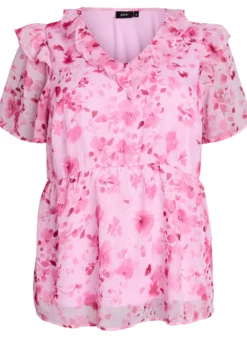Geblümte Bluse mit Rüschenkragen und Peplum-Effekt