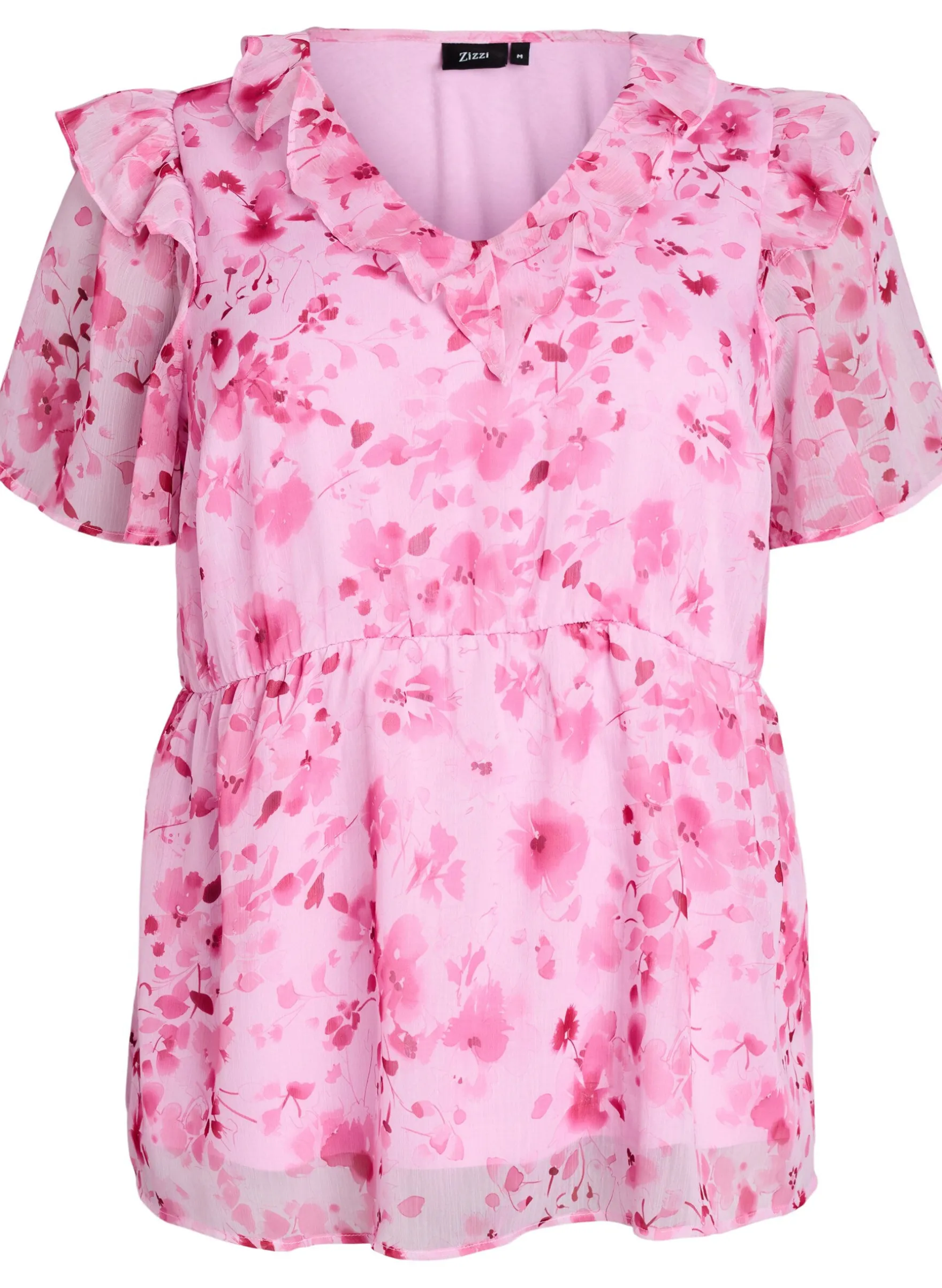 Geblümte Bluse mit Rüschenkragen und Peplum-Effekt