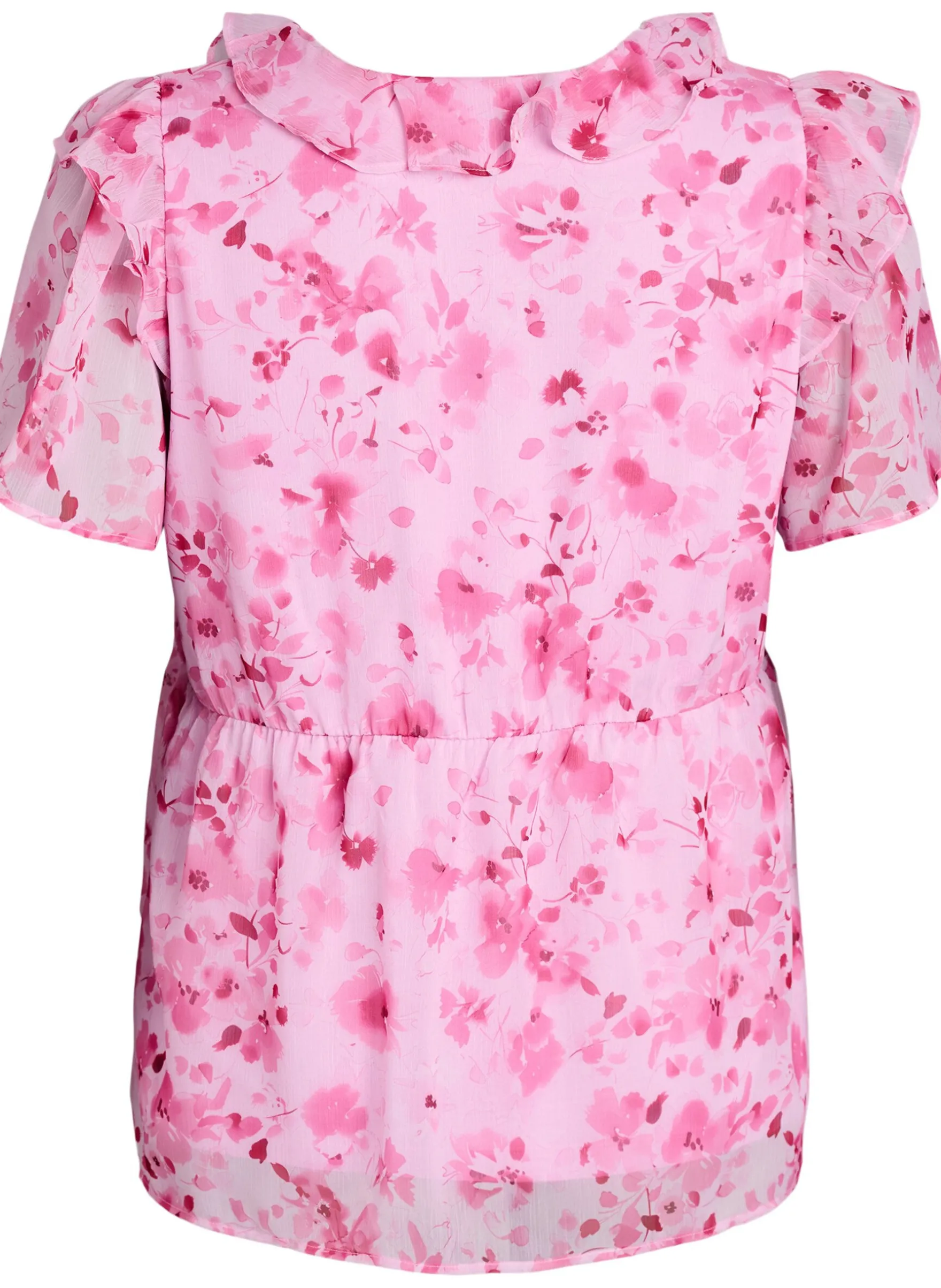 Geblümte Bluse mit Rüschenkragen und Peplum-Effekt