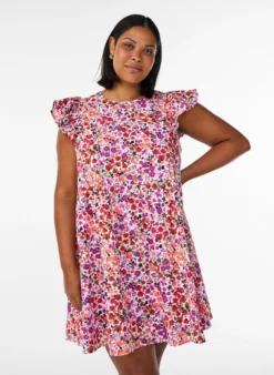 Geblümtes Kleid aus Baumwolle mit Rüschen und V-Ausschnitt