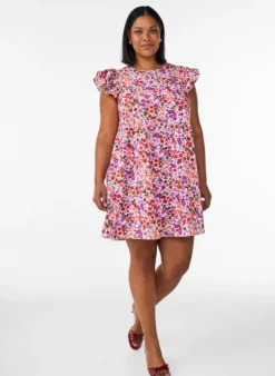 Geblümtes Kleid aus Baumwolle mit Rüschen und V-Ausschnitt