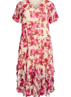 Geblümtes Kleid aus Chiffon mit Rüschendetails und V-Ausschnitt.