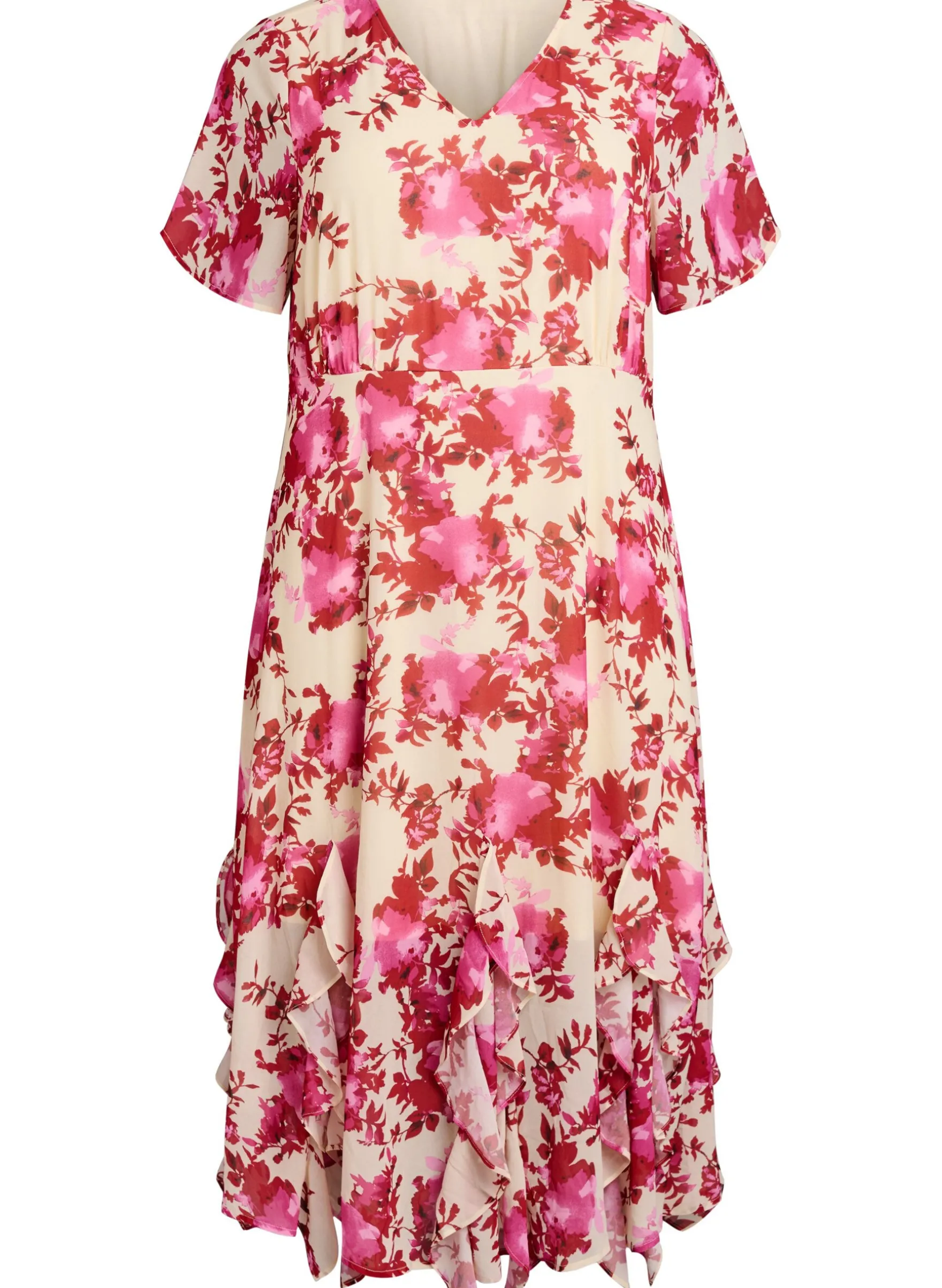 Geblümtes Kleid aus Chiffon mit Rüschendetails und V-Ausschnitt.