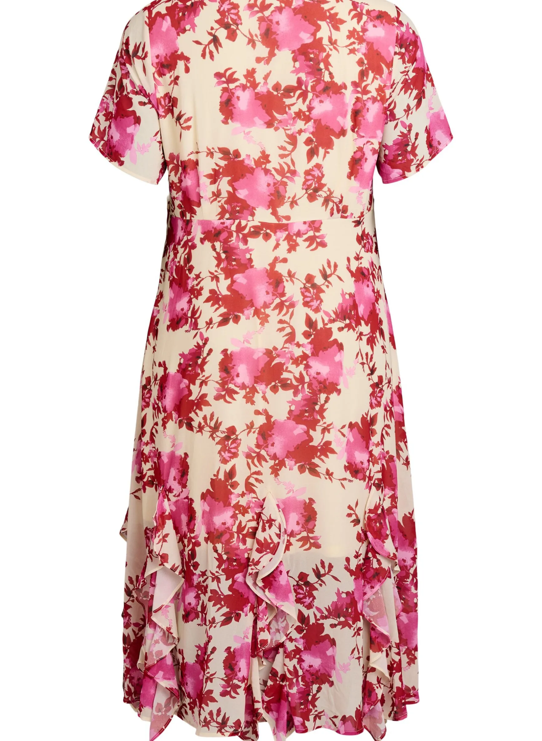 Geblümtes Kleid aus Chiffon mit Rüschendetails und V-Ausschnitt.