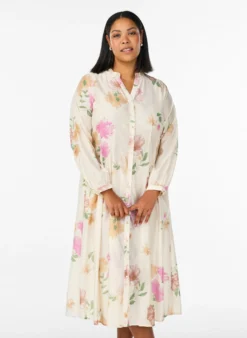 Geblümtes Midikleid mit Rüschenkragen und Knopfleiste