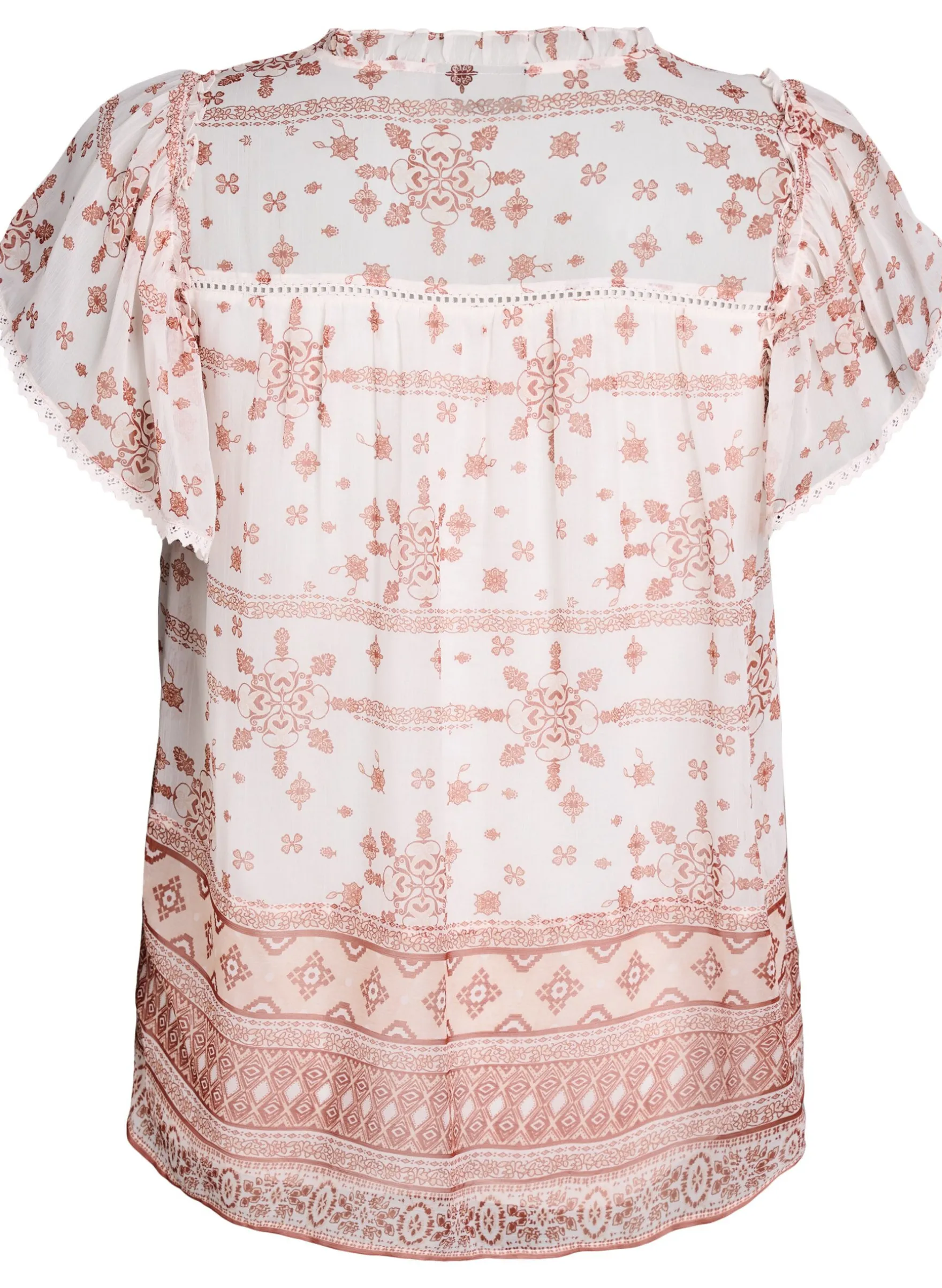 Gemusterte Bluse mit Rüschendetail und kurzen Ärmeln