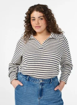 Gestreifte Bluse aus Jersey mit Kragen und V-Ausschnitt