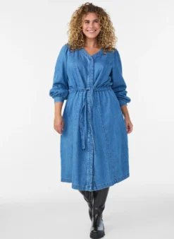 Jeanskleid mit V-Ausschnitt und Bindegürtel