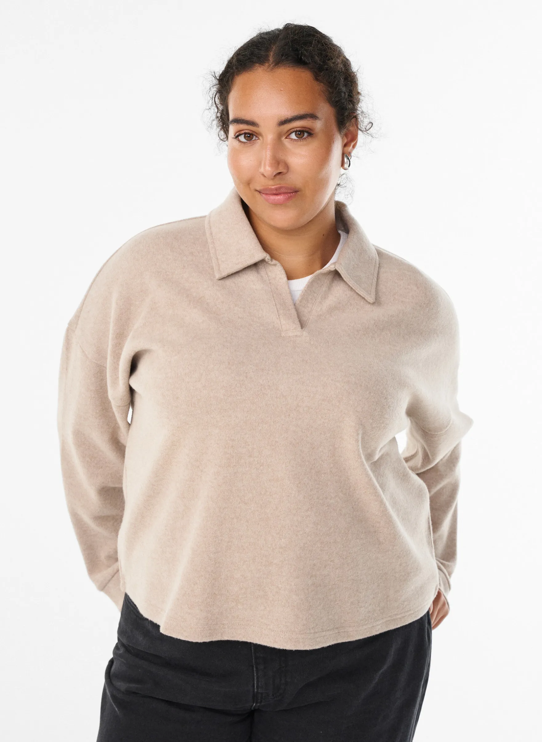Jersey-Bluse mit Kragen und V-Ausschnitt
