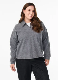 Jersey-Bluse mit Kragen und V-Ausschnitt