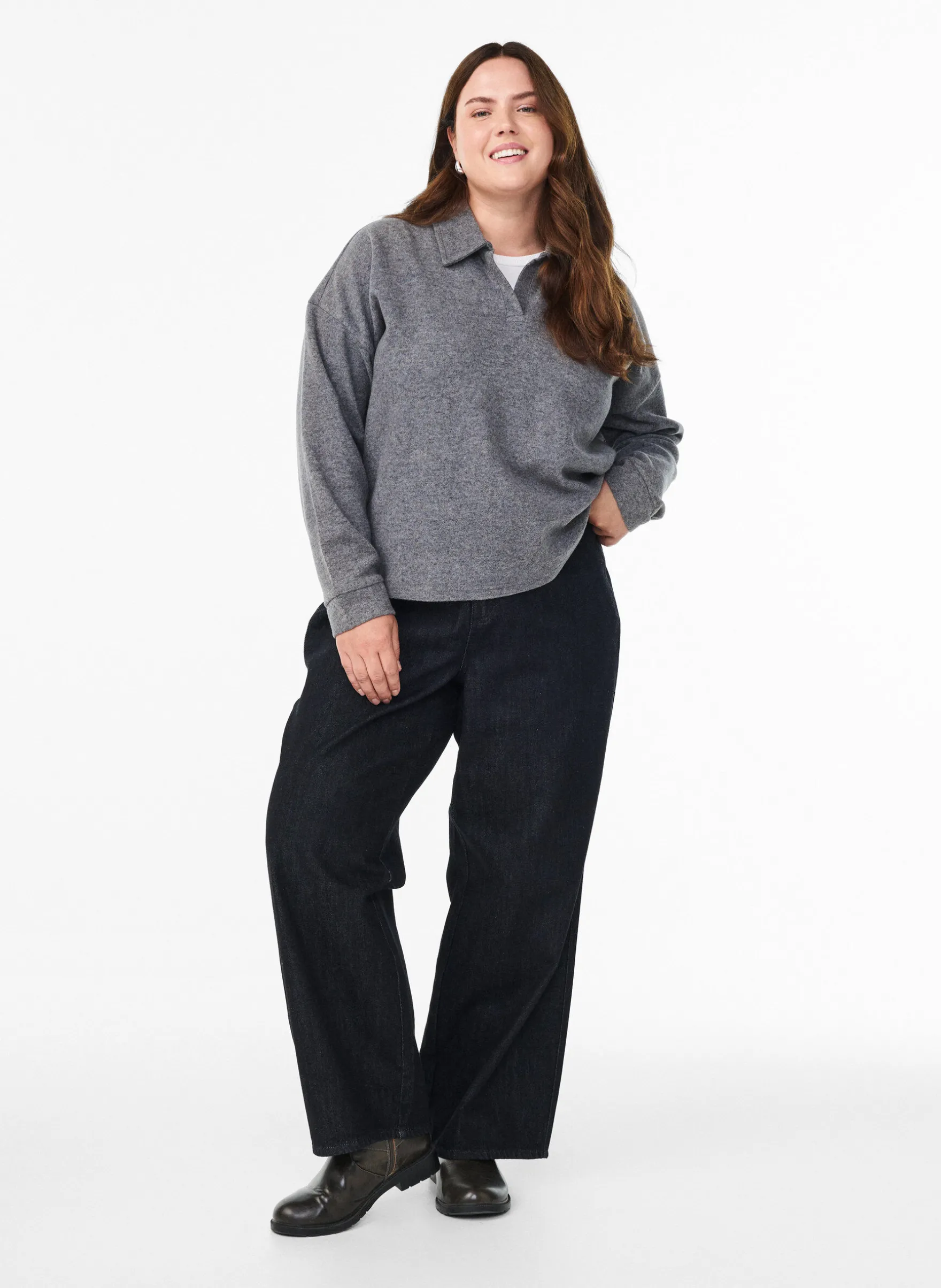 Jersey-Bluse mit Kragen und V-Ausschnitt